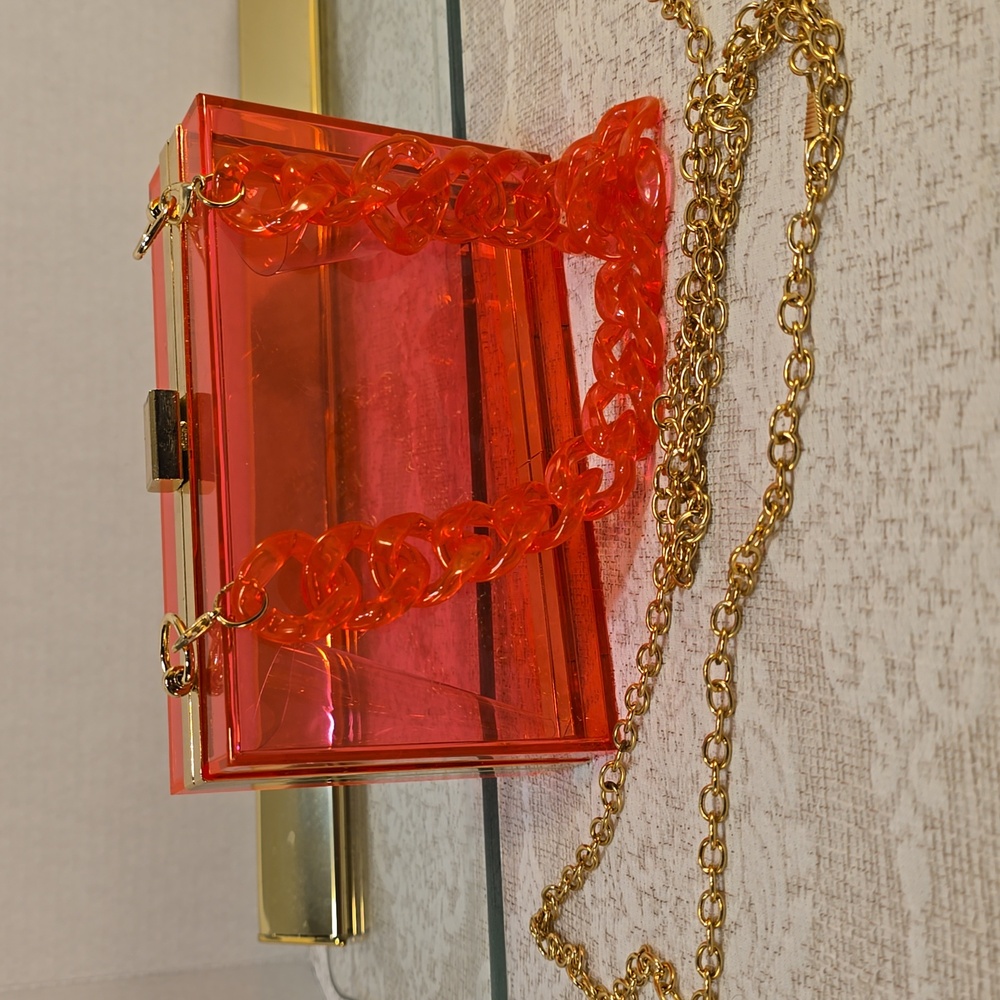 Womens Red Pink Translucent Acrylic Purse Removable Gold Chain Strap Hand Strap